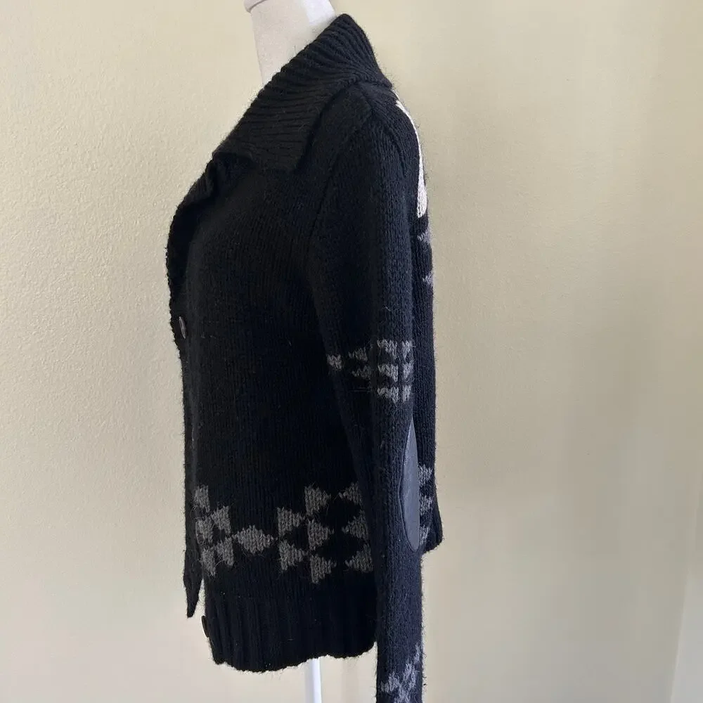 291 Venice Wool Alpaca Cardigan Womens 3/L Black Shawl Collar Elbow Patch LA NY